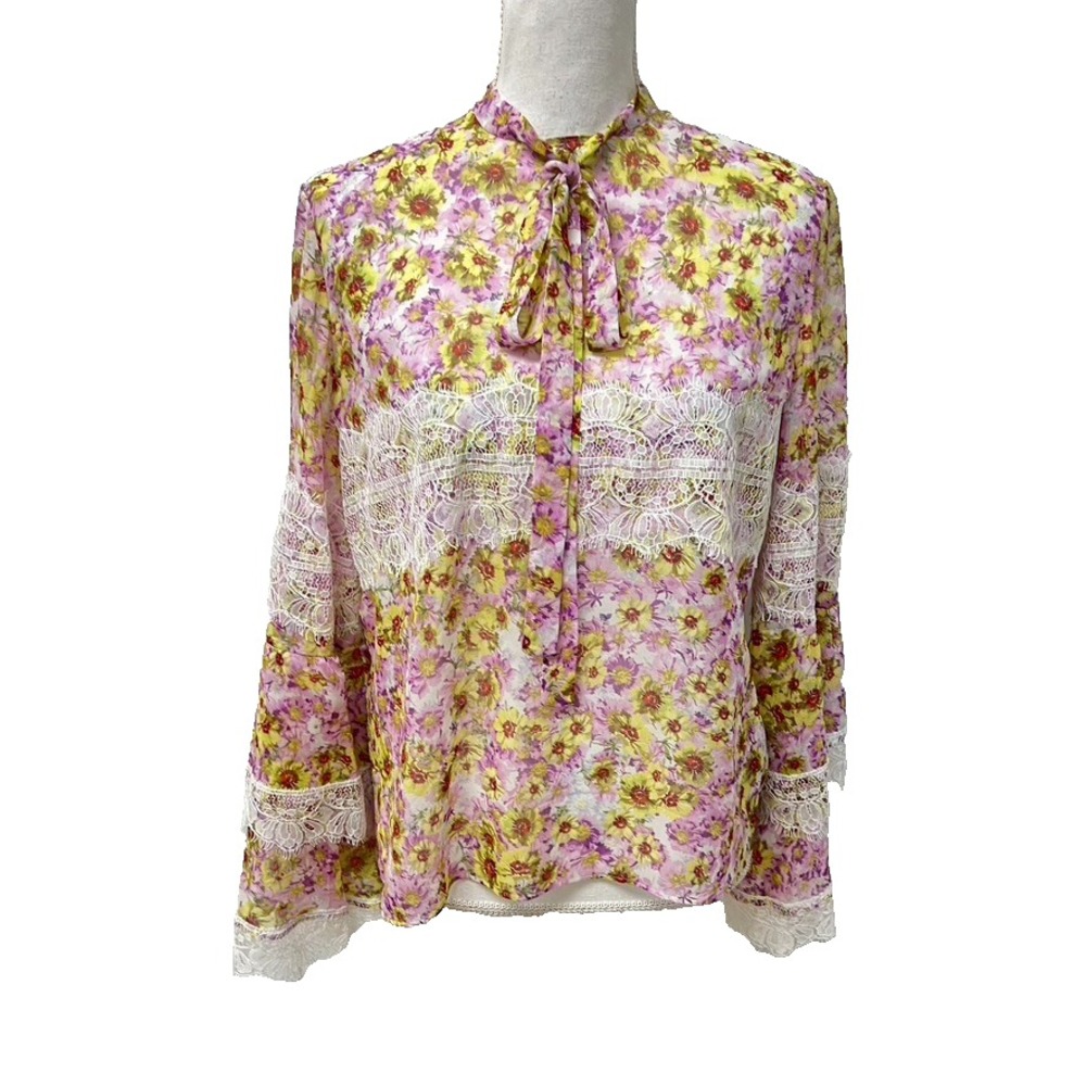 Giambattista Valli Silk Blouse Womens 44 US 8 Floral‎ Flare Sleeve Romantic Boho